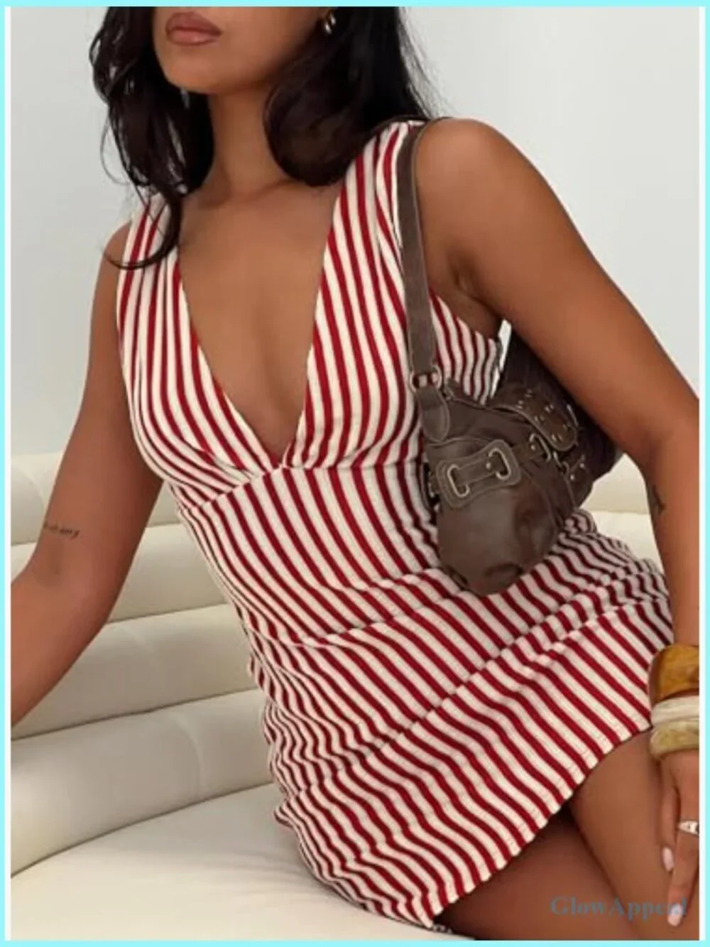 Plunge Stripe Mini Dress with Ruched Bust, Zip Side